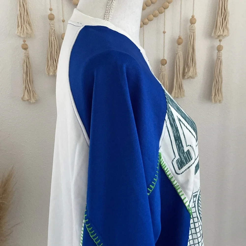 pieced sweatshirt top trendy mixed media long sleeve embroidered blue white M - Picture 8 of 16